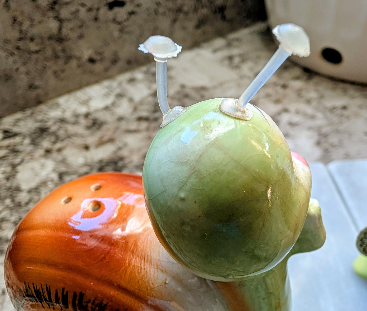 1950s Mid-Century Modern Enesco Snappy the Snail Kitsch Two Piece Shaker Set