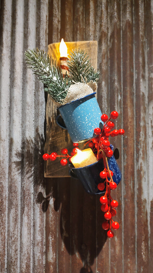 Repurposed Scrap Wood Wall Decor w/Enamel Mugs