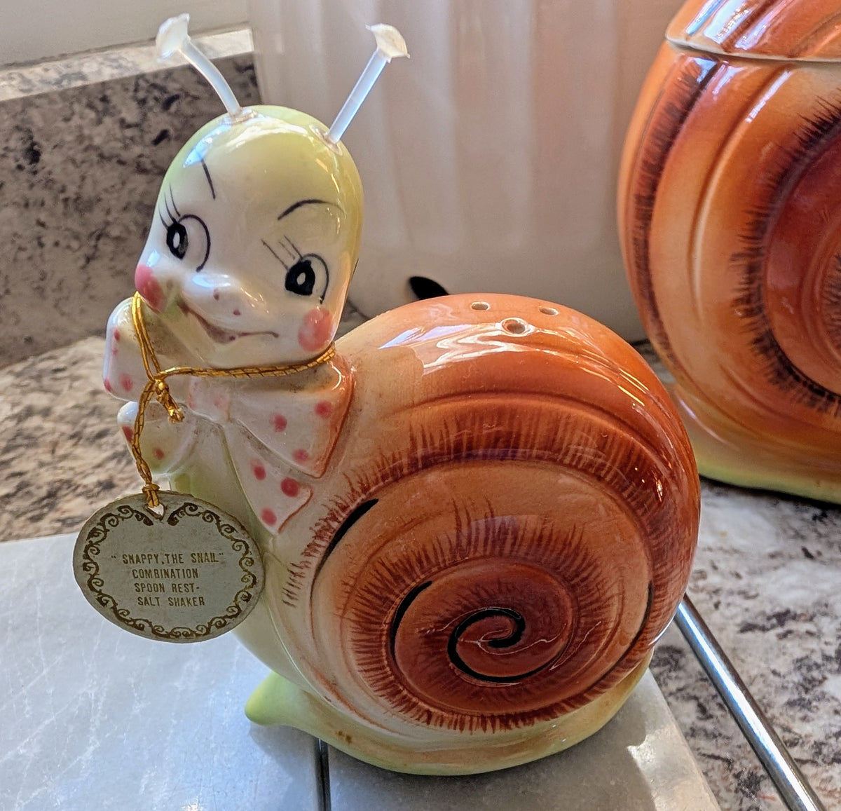 1950s Mid-Century Modern Enesco Snappy the Snail Kitsch Two Piece Shaker Set
