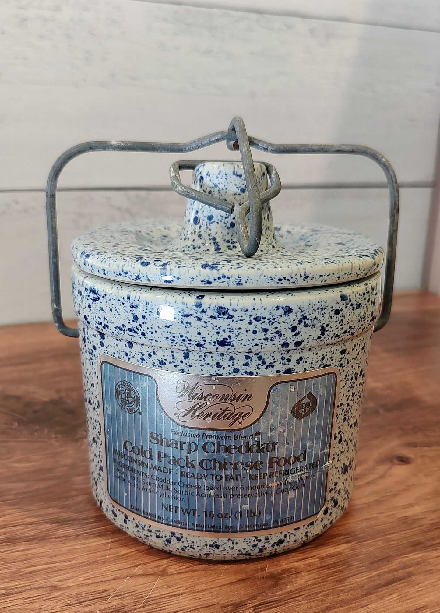 Blue and Cream Speckled Cheese Crock with Hermetic Lid
