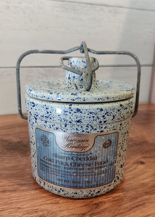 Blue and Cream Speckled Cheese Crock with Hermetic Lid