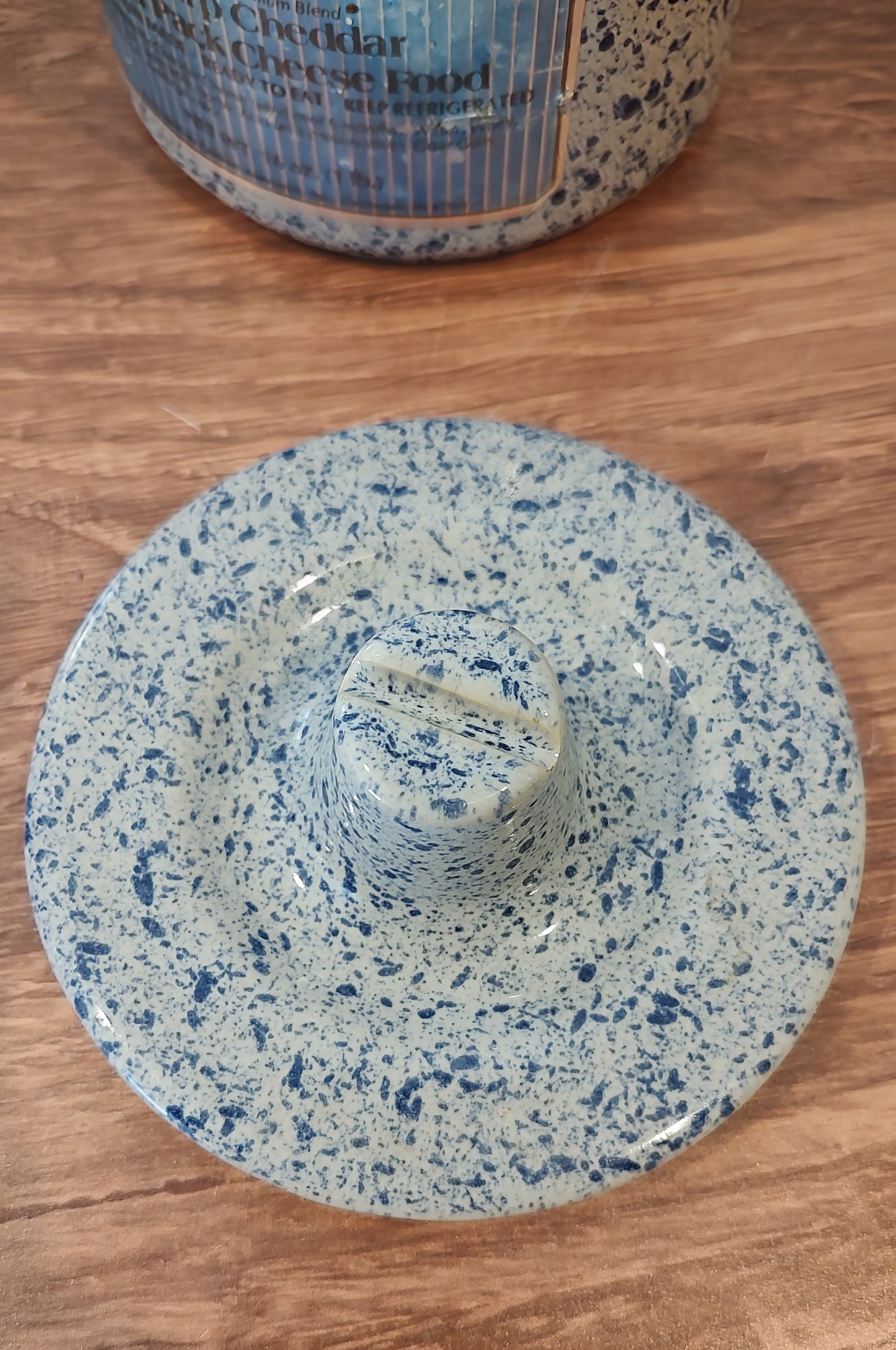 Blue and Cream Speckled Cheese Crock with Hermetic Lid