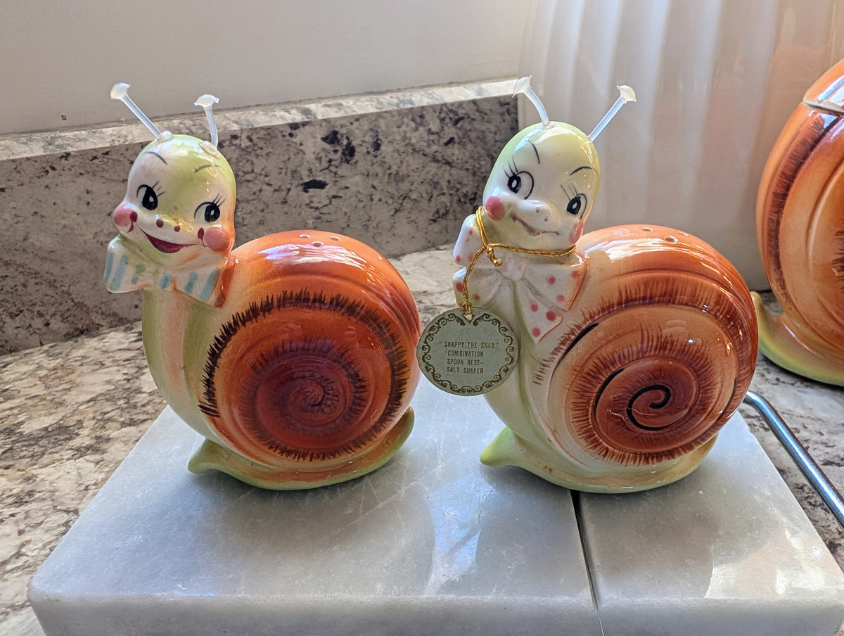 1950s Mid-Century Modern Enesco Snappy the Snail Kitsch Two Piece Shaker Set