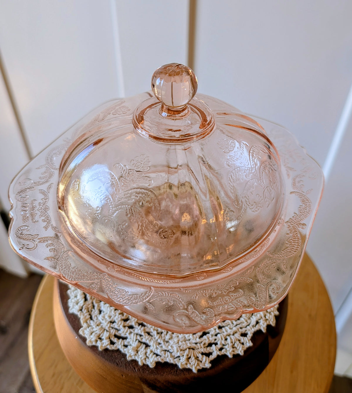 Vintage Indiana Pedestal Domed Depression Glass Butter / Candy Dish Madrid Pattern Pink