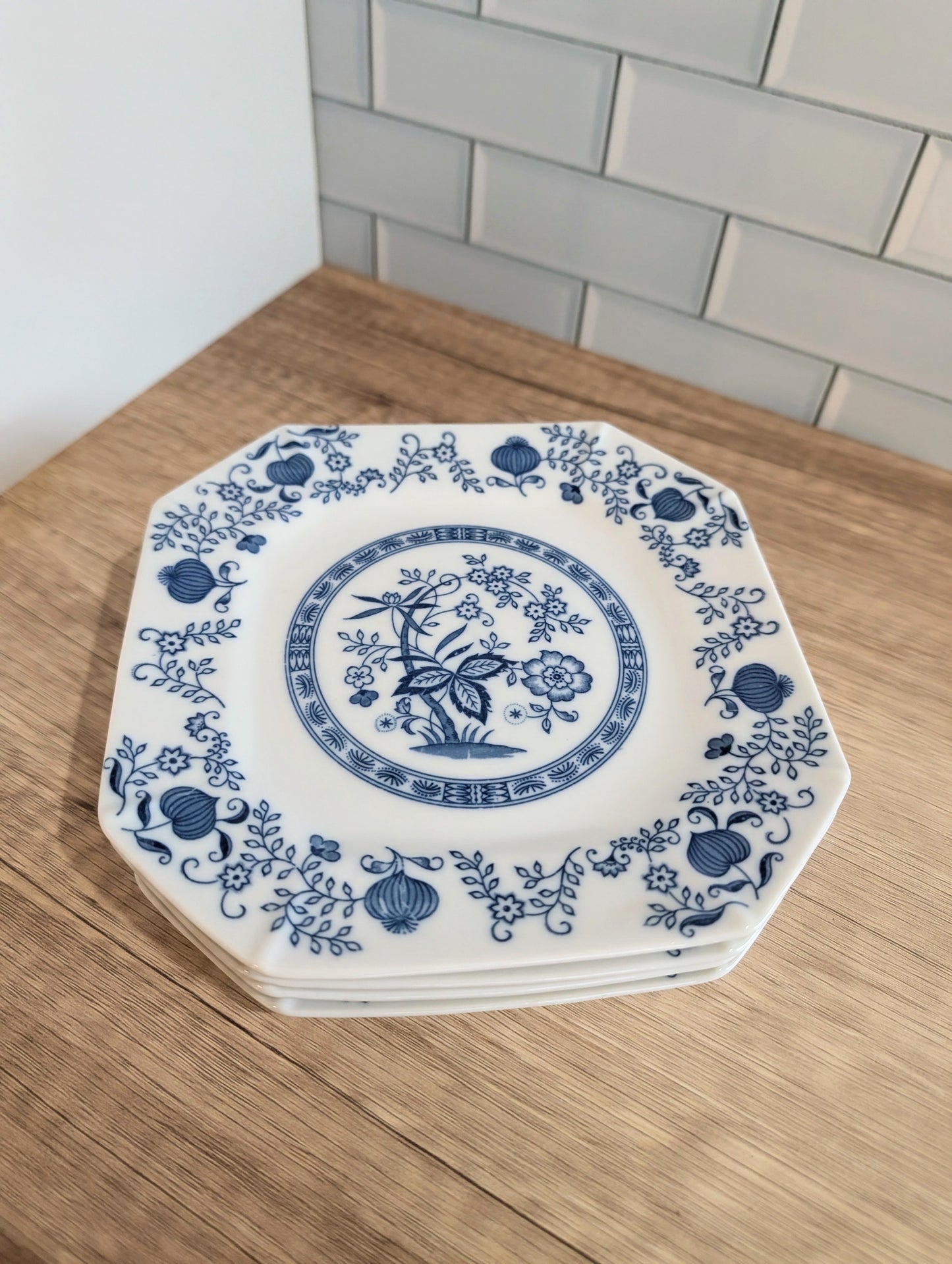 Set of 4 Vintage Kanesho Fine China Octagonal Blue Onion Salad Dessert Plates Japan 1970s