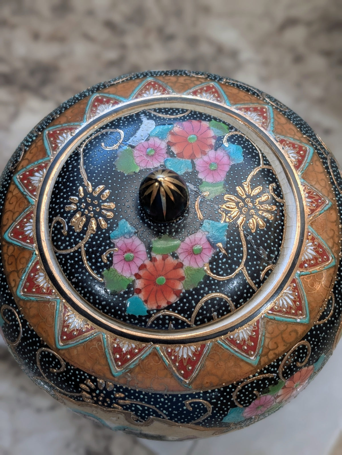 Vintage Jingdezhen Chinese Export Ginger Jar Satsuma Style Crackle Glaze - Repaired Lid