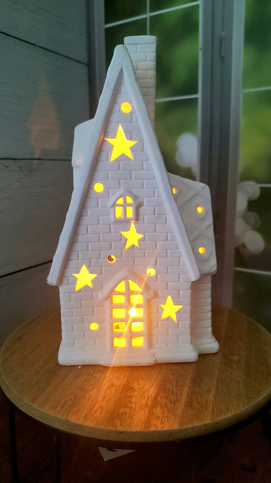 Unglazed Ceramic House with battery light