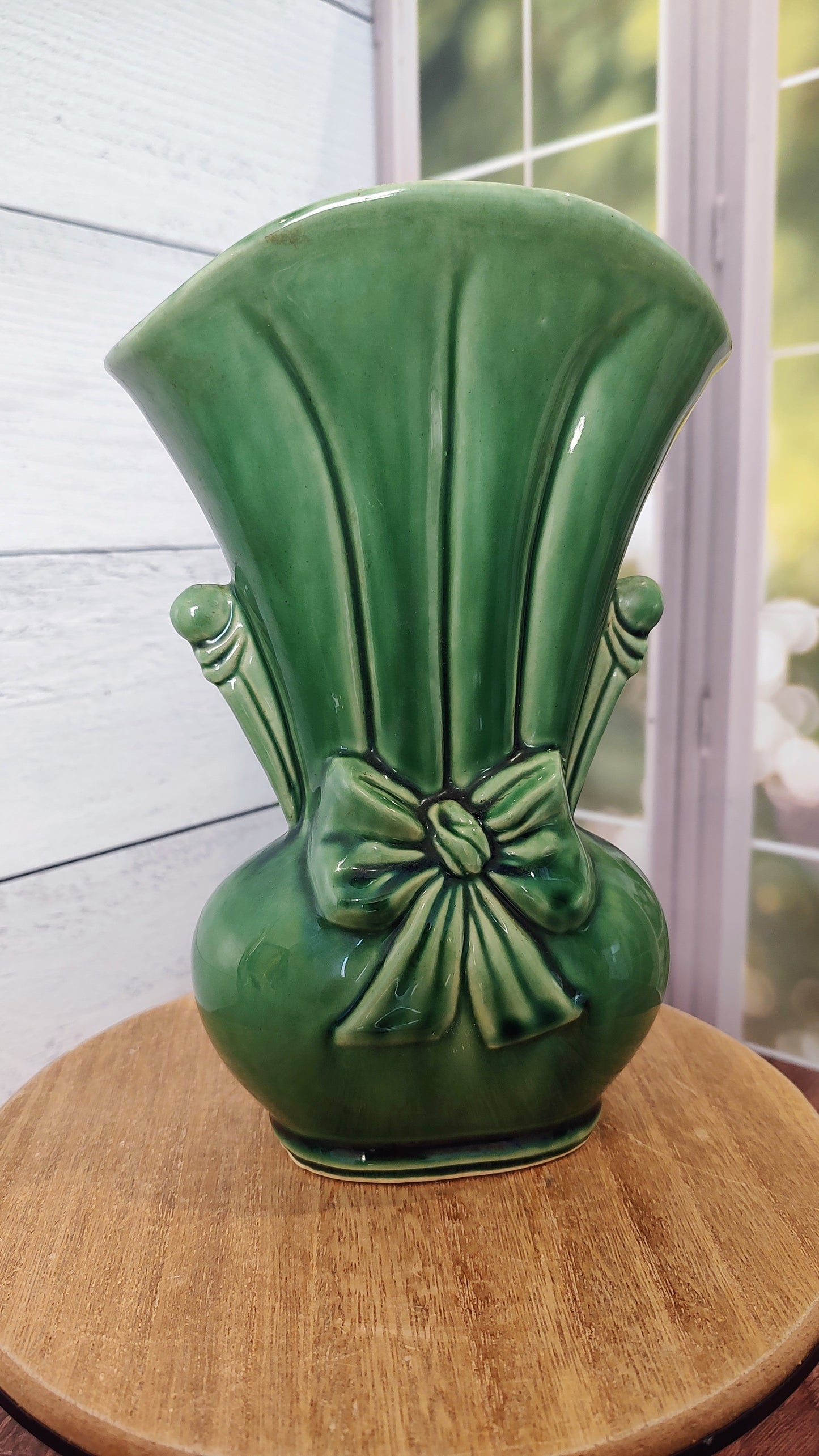 Vintage Green Shawnee Pottery Vase with Bow