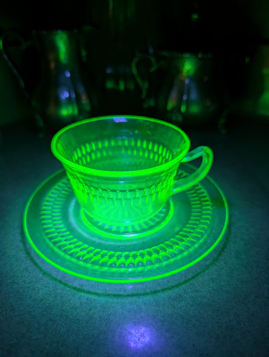 Green Uranium Glass Depression Glass Cup and Saucer