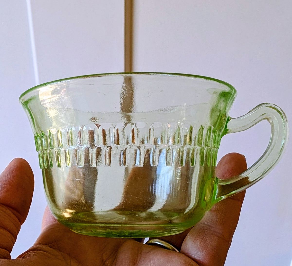 Green Uranium Glass Depression Glass Cup and Saucer
