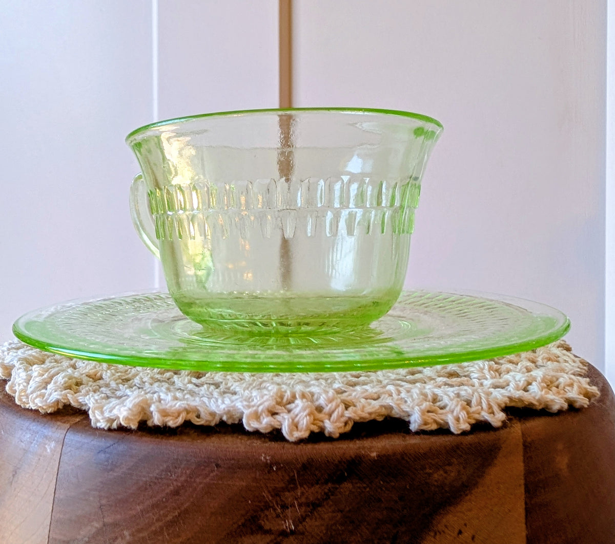 Green Uranium Glass Depression Glass Cup and Saucer