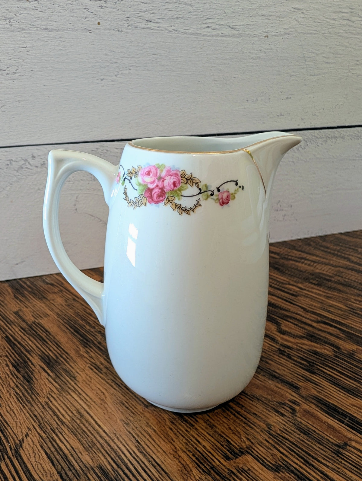 Vintage Porcelain Pitcher Creamer Pink Rose Garland with Gold Trim