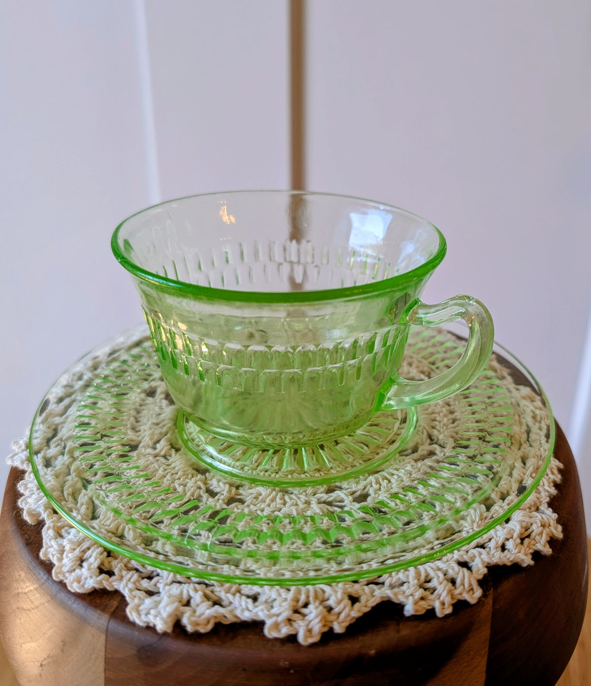Green Uranium Glass Depression Glass Cup and Saucer