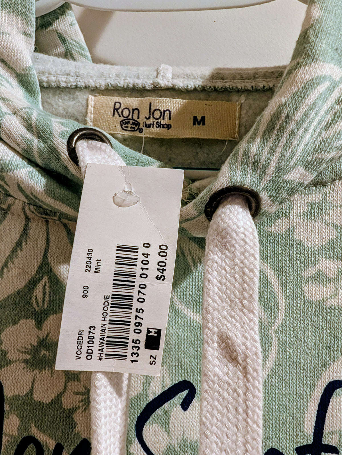 Ron Jon Surf Shop Mint Green and White Size M Lightweight Hoodie NWT