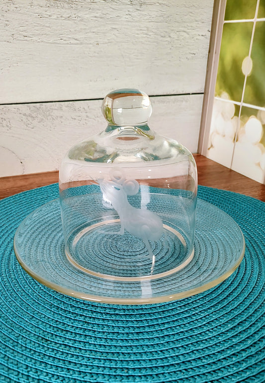 Etched Mouse Glass Cheese Ball Dish