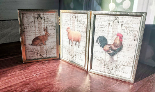Vintage Trifold Frame with Rice Paper Art