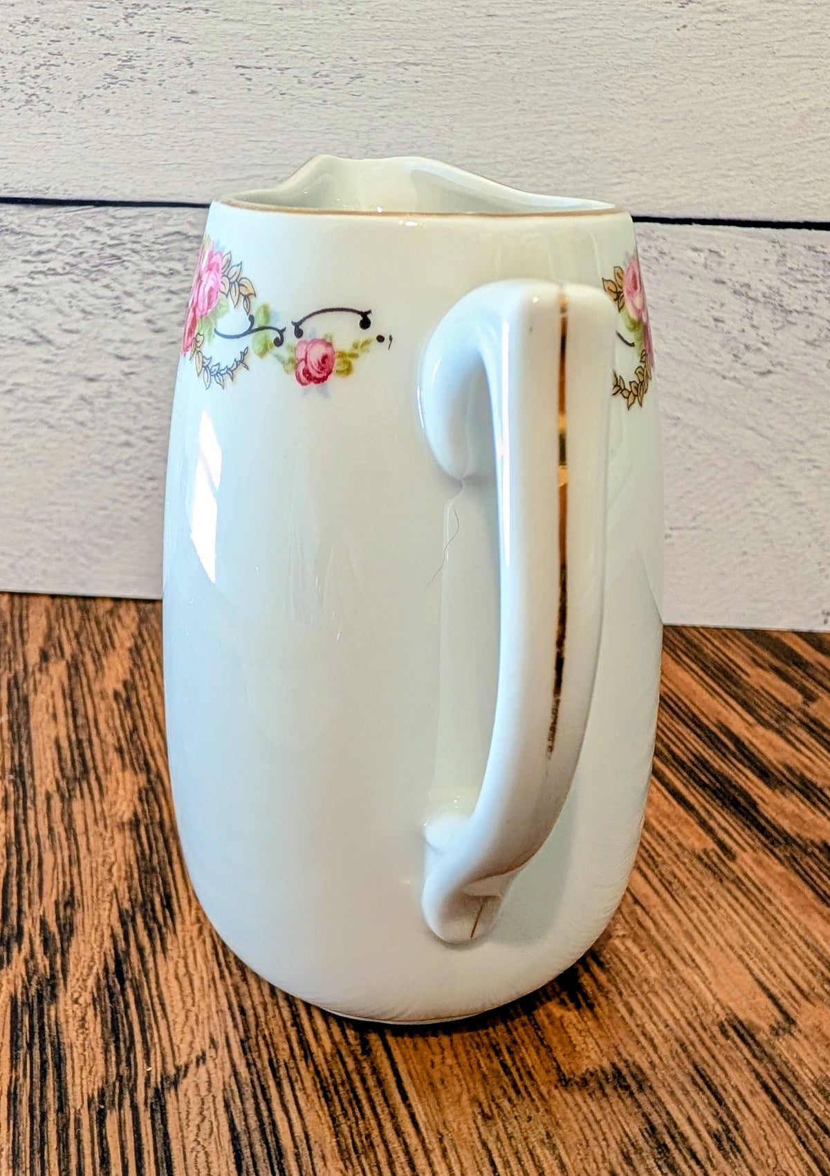 Vintage Porcelain Pitcher Creamer Pink Rose Garland with Gold Trim