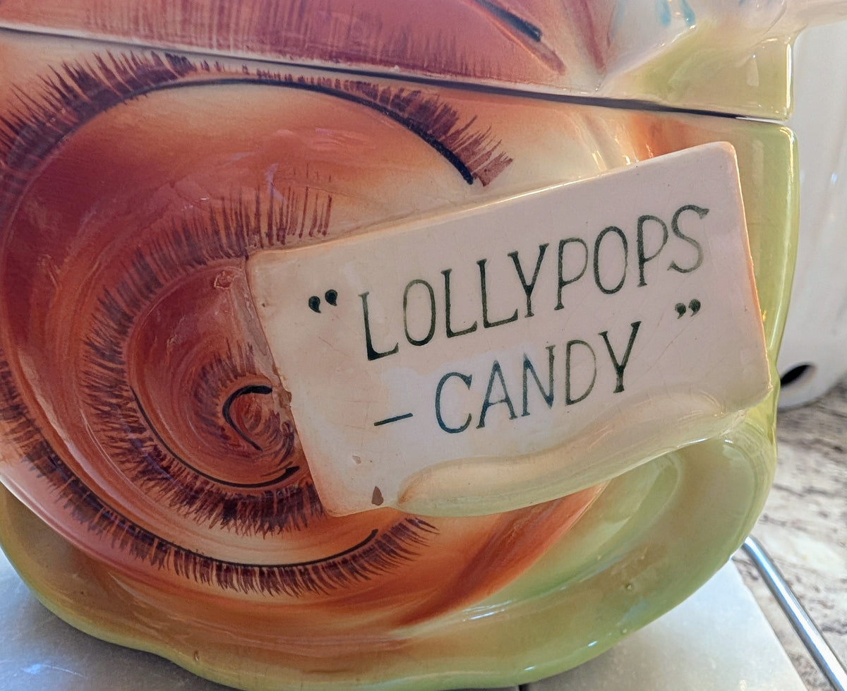 1950s Mid-Century Enesco Kitsch Anthropomorphic Snappy the Snail Lollypops Candy Jar