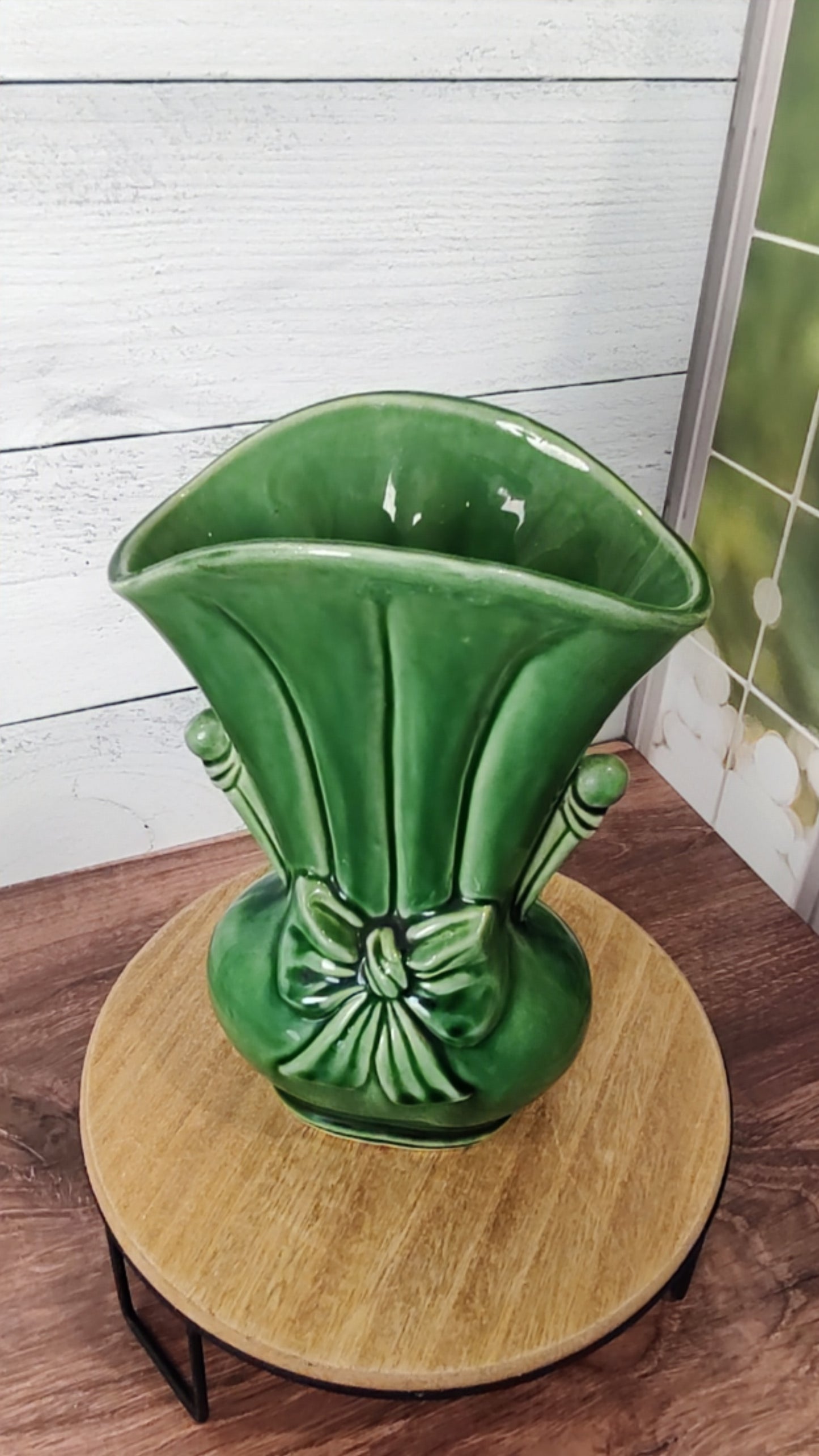Vintage Green Shawnee Pottery Vase with Bow