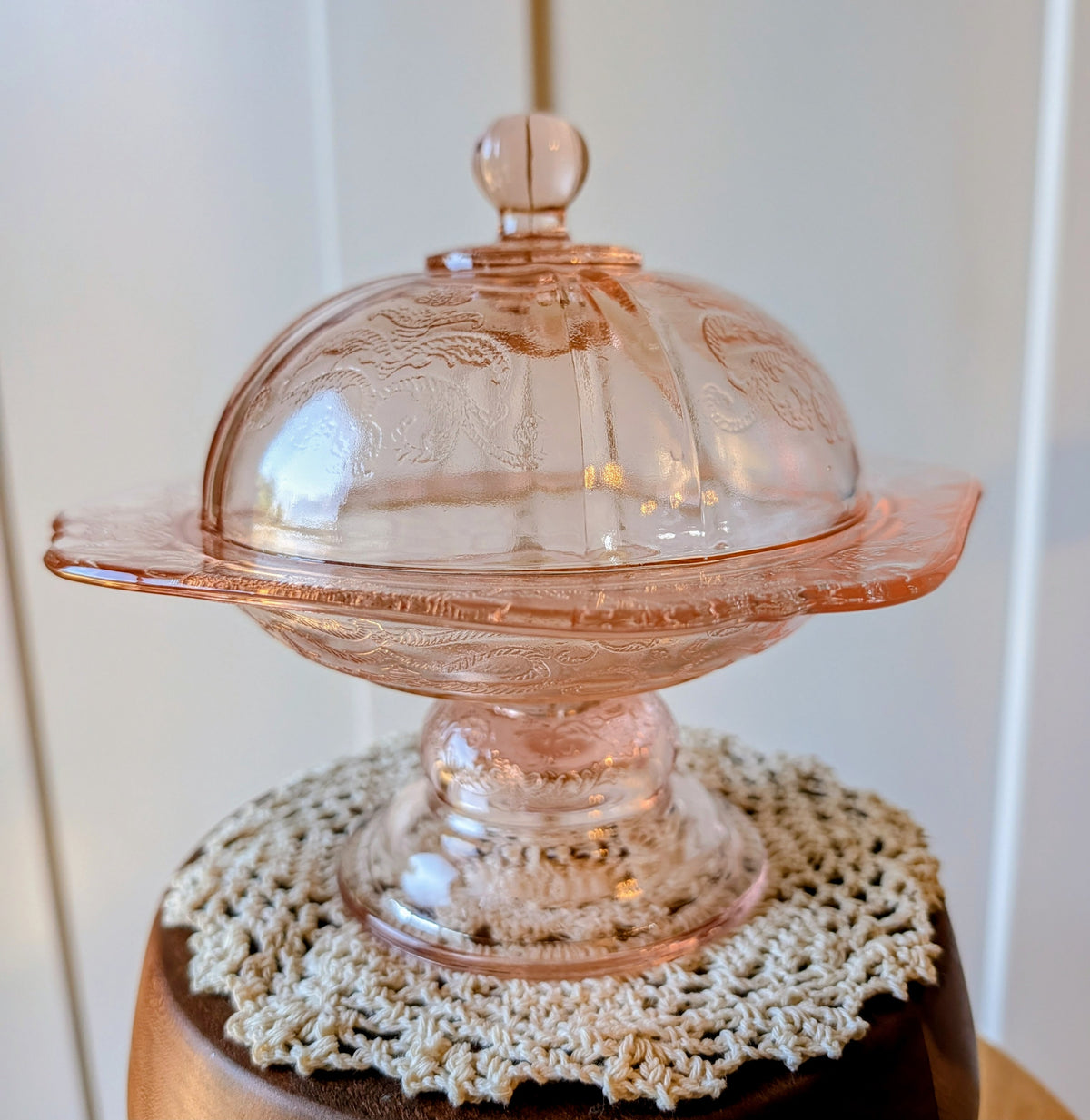 Vintage Indiana Pedestal Domed Depression Glass Butter / Candy Dish Madrid Pattern Pink