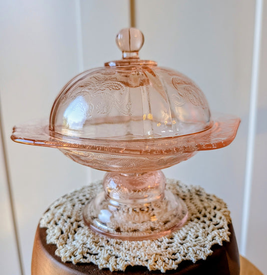 Vintage Indiana Pedestal Domed Depression Glass Butter / Candy Dish Madrid Pattern Pink