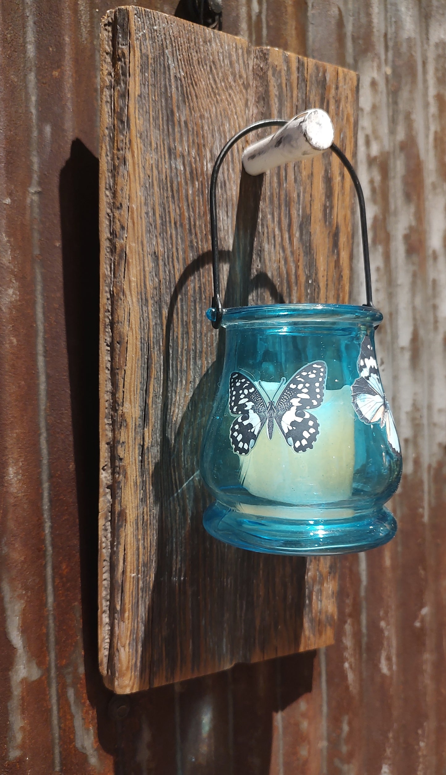 Barnwood Lantern Holder with Blue Glass Votive Holder